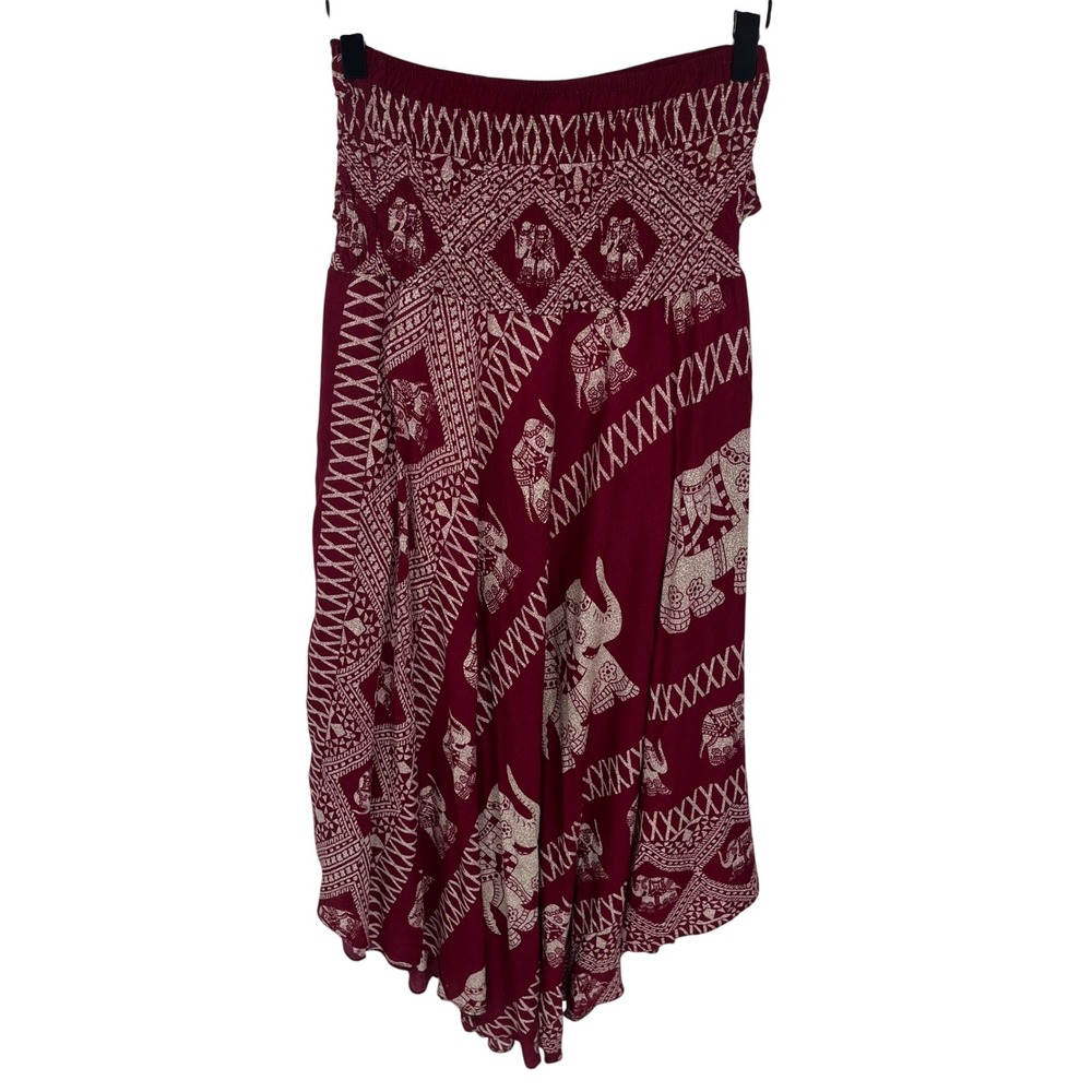 Bangkok Pants Elephant Print Skirt Women One Size Burgundy Smocked Waist Boho - Picture 6 of 9